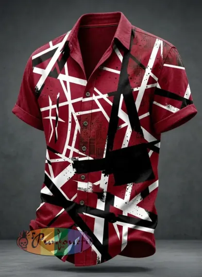 Men’s Vintage VH Guitar Line Illustration Abstract Print Casual Cotton Short Sleeve Shirt - Red · S