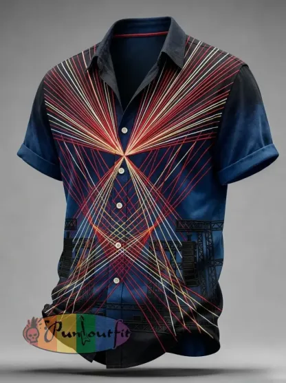 Men’s Vintage VH Guitar Line Illustration Abstract Print Casual Cotton Short Sleeve Shirt - Blue · S