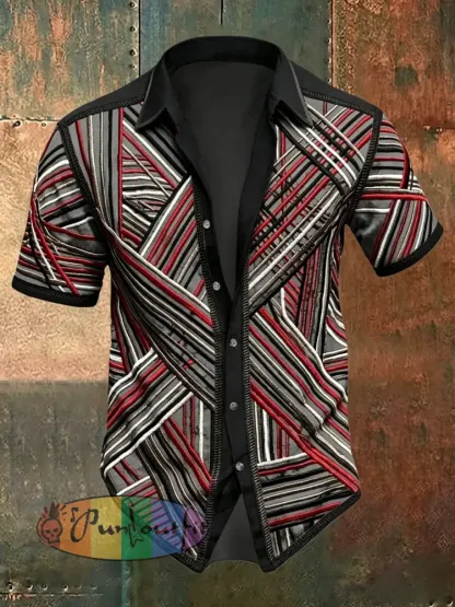 Men’s Vintage VH Guitar Line Illustration Abstract Print Casual Cotton Short Sleeve Shirt - Gray · S