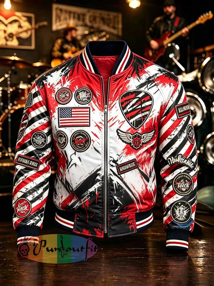 Men’s Fashion Rock Band Badge Print Jacket - As picture · M