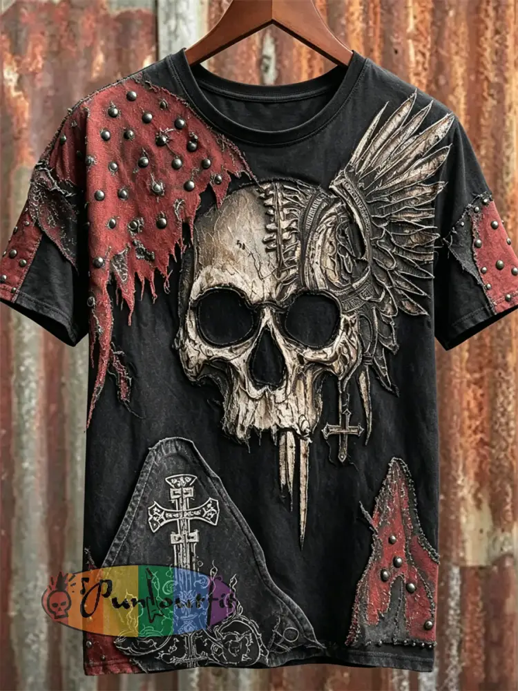 Men’s Rock Style Skull with Wings & Cross Art Print short sleeves t-shirt - Black · S