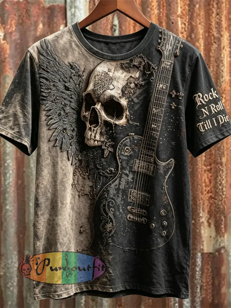 Men’s Rock N Roll Till I Die Skull & Guitar Print Contrast Bleached short sleeves t-shirt - Black · S