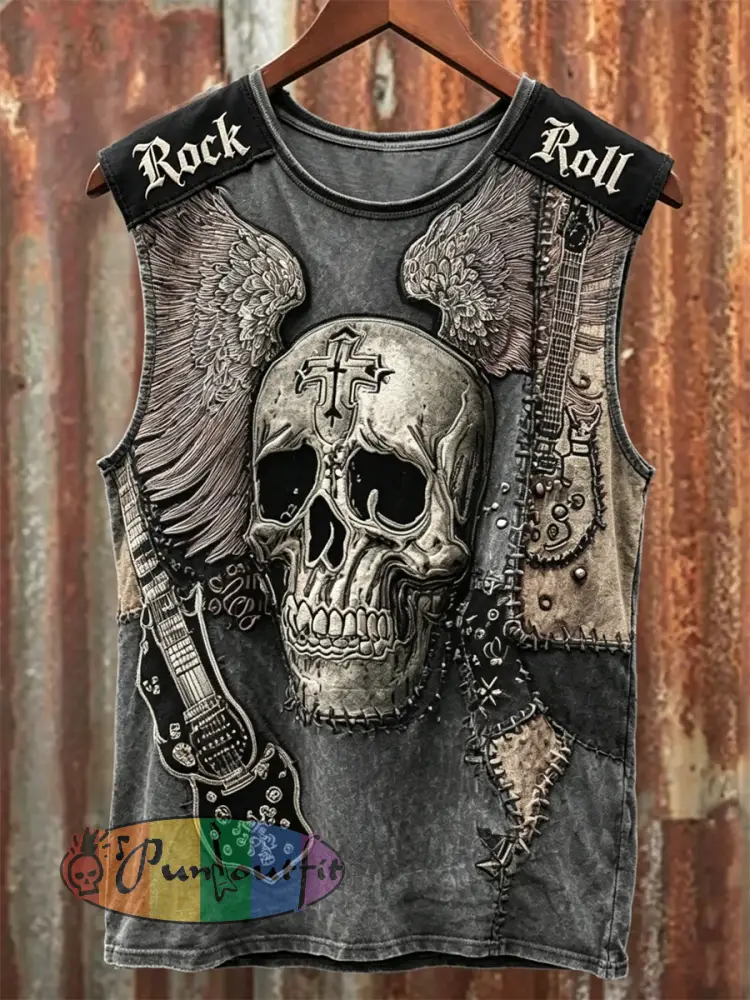 Men’s Rock N Roll Style Skull with Wings Art Print Racket Vest - Gray · S