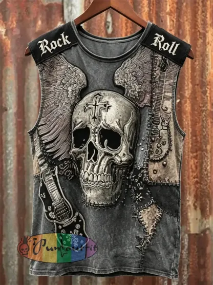 Men’s Rock N Roll Style Skull with Wings Art Print Racket Vest - Gray · S