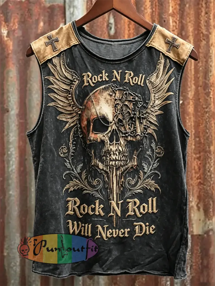 Men’s Rock N Roll Will Never Die Skull with Wings Print Racket Vest - Black · S