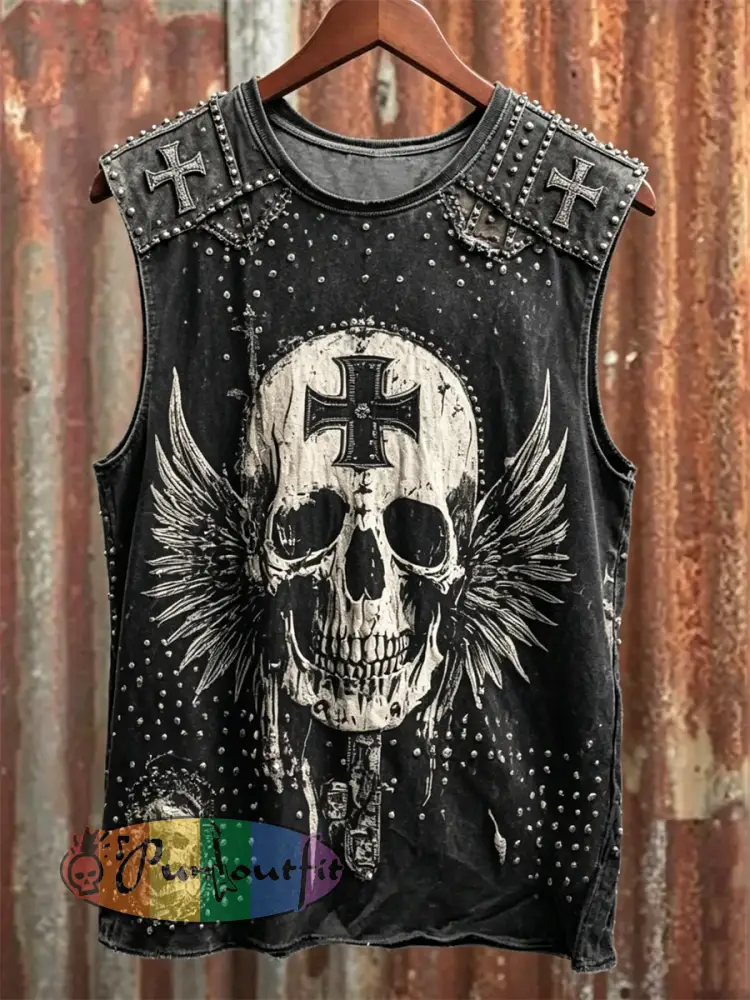 Men’s Rock Style Cross & Skull with Wings Art Print Racket Vest - Black · S