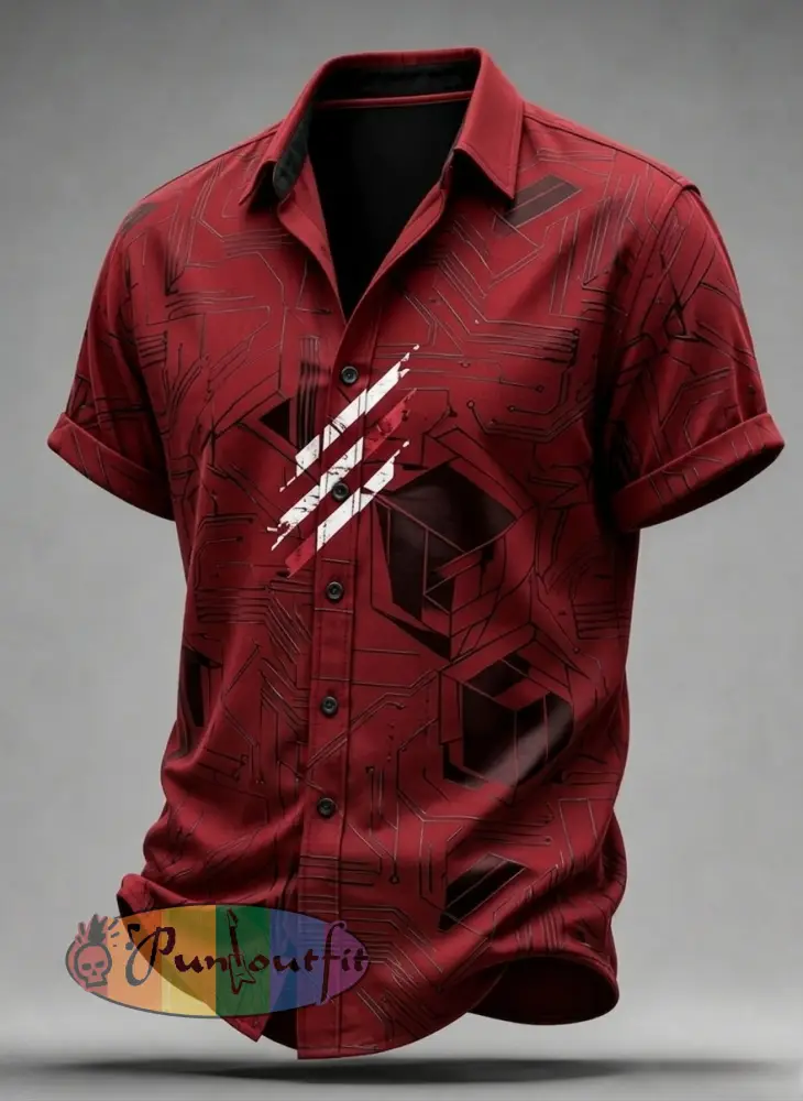 Men’s Vintage VH Guitar Line Illustration Abstract Print Casual Cotton Short Sleeve Shirt - Red · S