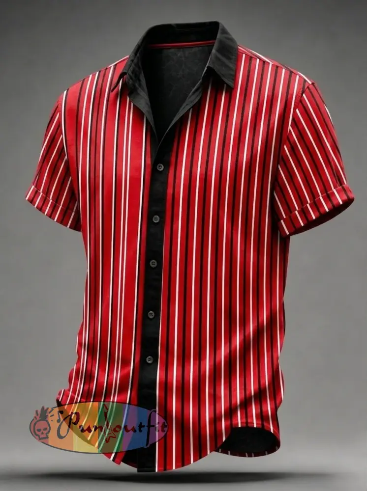 Men’s Vintage VH Guitar Line Illustration Abstract Print Casual Cotton Short Sleeve Shirt - Red · S