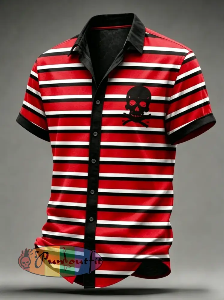 Men’s Vintage VH Guitar Line Illustration Abstract Print Casual Cotton Short Sleeve Shirt - Red · S