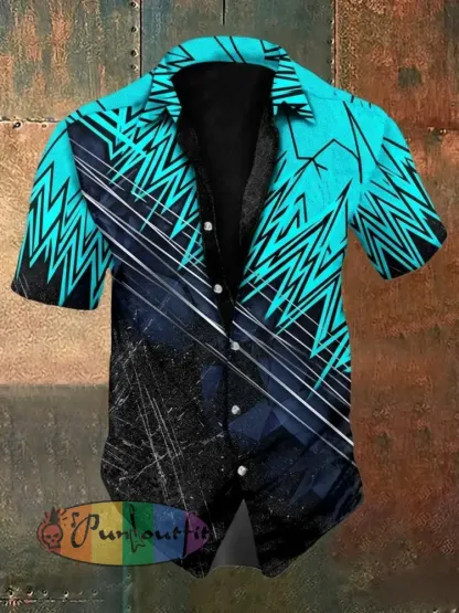 Men’s Vintage VH Guitar Line Illustration Abstract Print Casual Cotton Short Sleeve Shirt - Blue · S