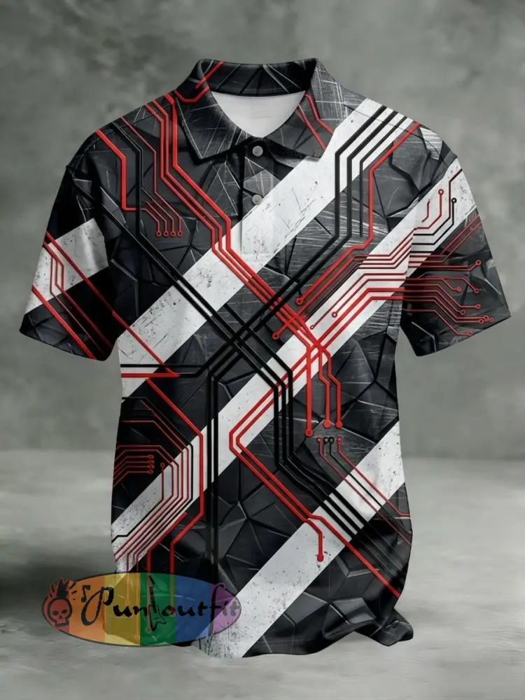 Men’s Vintage VH Illustration Abstract Print Casual Cotton Short Sleeve Polo Shirt - Dark Gray · S