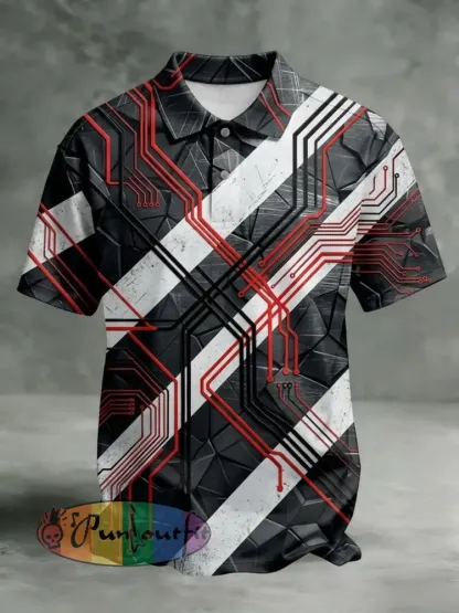 Men’s Vintage VH Illustration Abstract Print Casual Cotton Short Sleeve Polo Shirt - Dark Gray · S