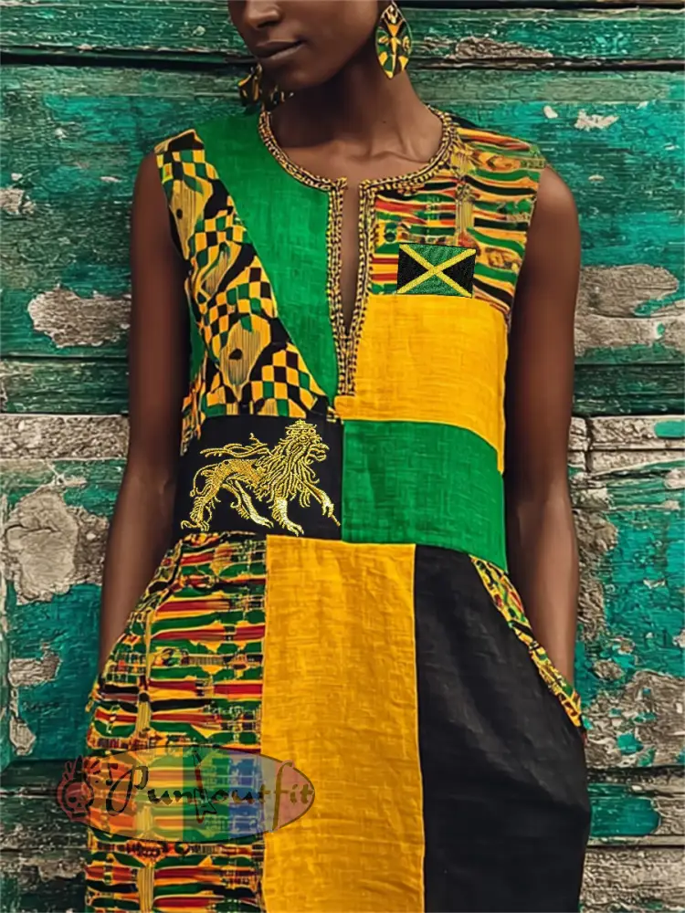 Women’s Reggae Lion Jamaica Flag African Kente Colorblock Maxi Dress - As picture · S