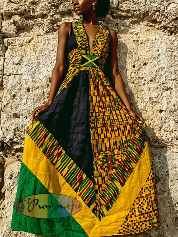 Women’s Jamaica Flag Africa Kente Pattern Colorblock Maxi Dress - Black · S