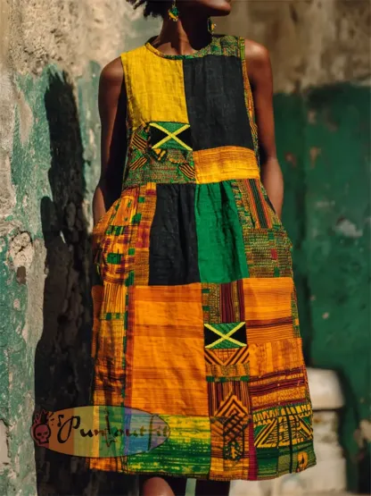Women’s Jamaica Flag African Kente Pattern Colorblock Print Tank Dress - As picture · S