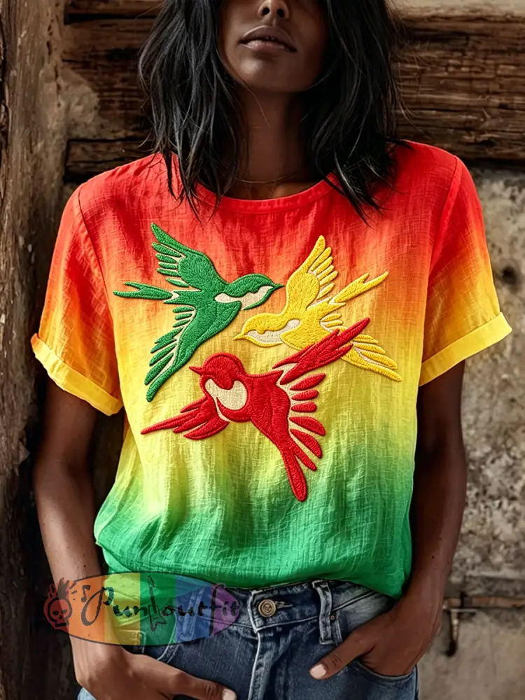 Women’s Reggae Birds Print Rasta Color Gradient Linen Short-sleeved T-shirt - Red · S