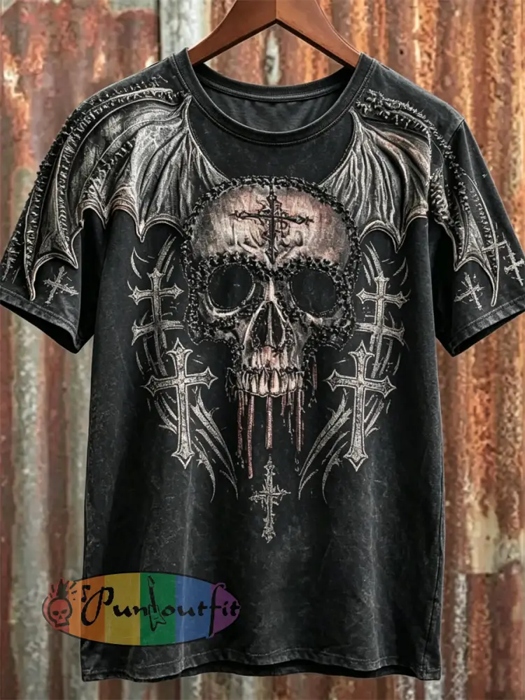 Men’s Rock Style Skull with Bat Wings Cross Art Print short sleeves t-shirt - Black · S