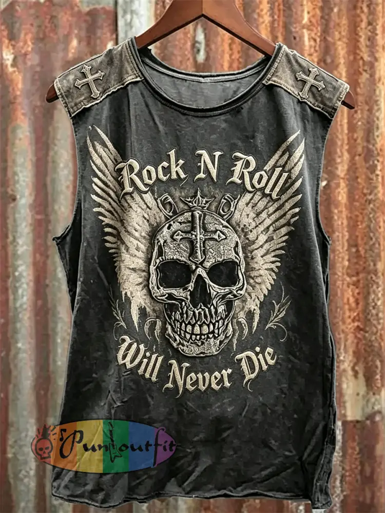 Men’s Rock N Roll Will Never Die Skull with Wings Print Racket Vest - Black · S
