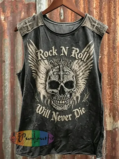 Men’s Rock N Roll Will Never Die Skull with Wings Print Racket Vest - Black · S