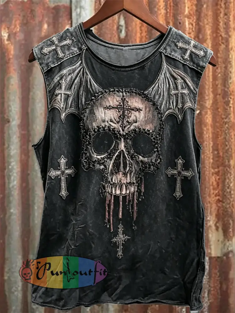 Men’s Rock Style Vintage Skull with Bat Wings Cross Print Racket Vest - Black · S