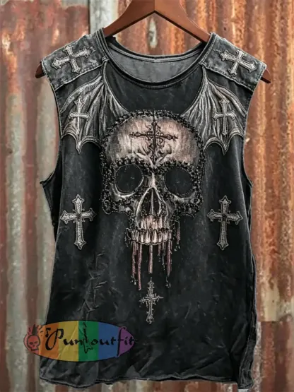 Men’s Rock Style Vintage Skull with Bat Wings Cross Print Racket Vest - Black · S
