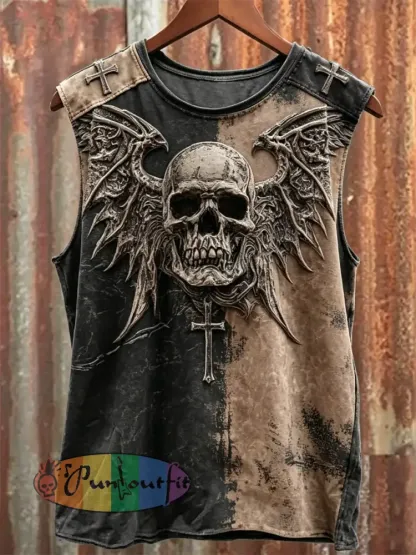 Men’s Rock Style Skull with Wings Cross Print Contrast Bleached Racket Vest - Black · S