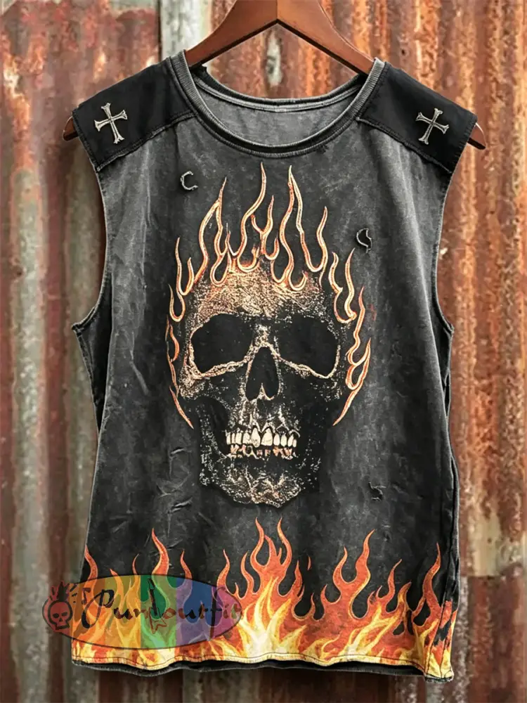 Men’s Rock Style Skull on Flame Cross Print Racket Vest - Dark Gray · S
