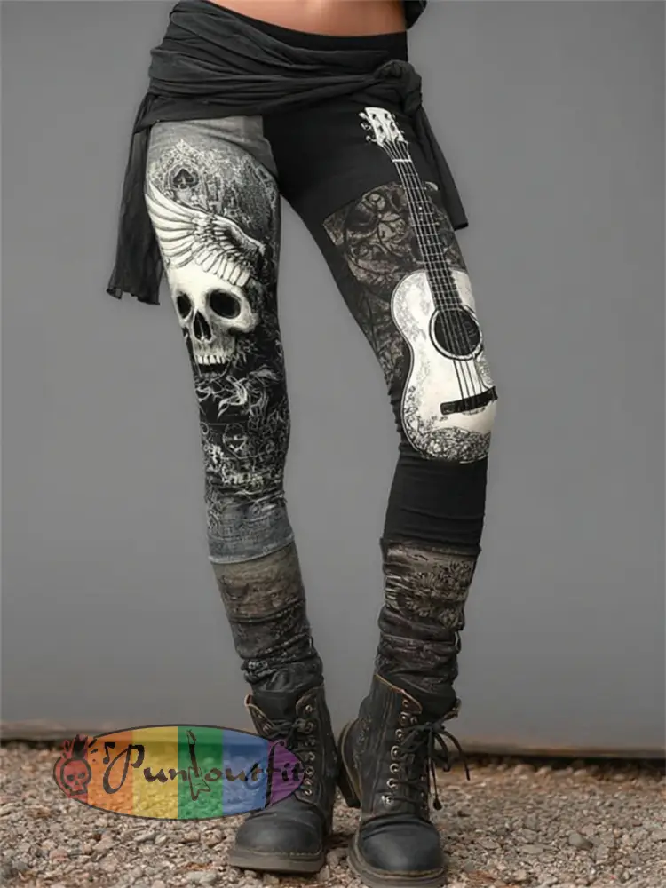 Women’s Rock Style Skull And Guitar Art Print Leggings - Black · S