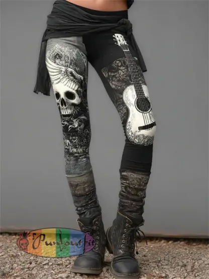 Women’s Rock Style Skull And Guitar Art Print Leggings - Black · S