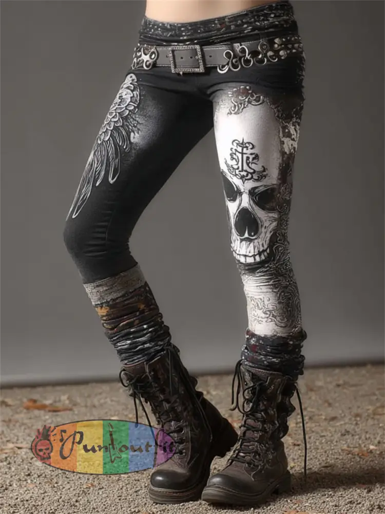 Women’s Rock Style Skull & Wings Bleached Art Comfy Leggings - Black · S
