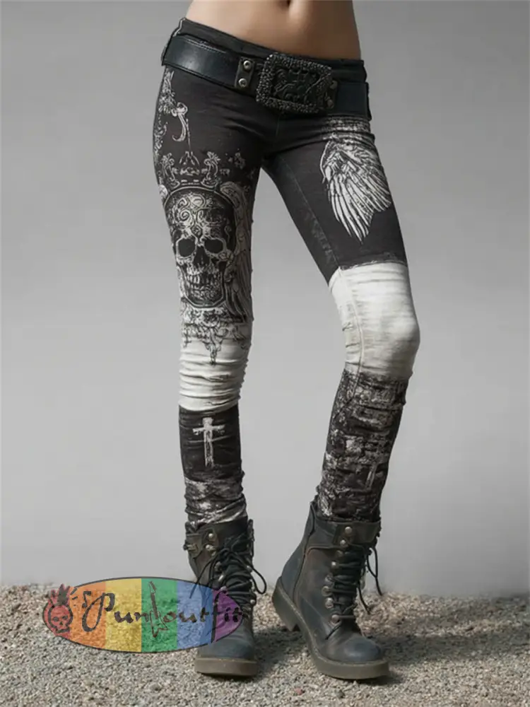Women’s Vintage Rock Style Skull Wings Cross Colorblock Print Leggings - Black · S