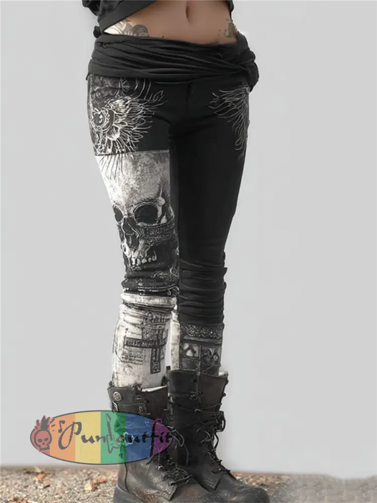 Women’s Rock Style Vintage Skull Wings & Cross Contrast Print Leggings - Black · S
