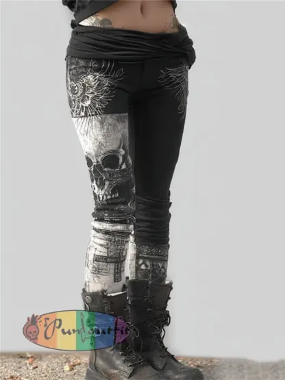 Women’s Rock Style Vintage Skull Wings & Cross Contrast Print Leggings - Black · S