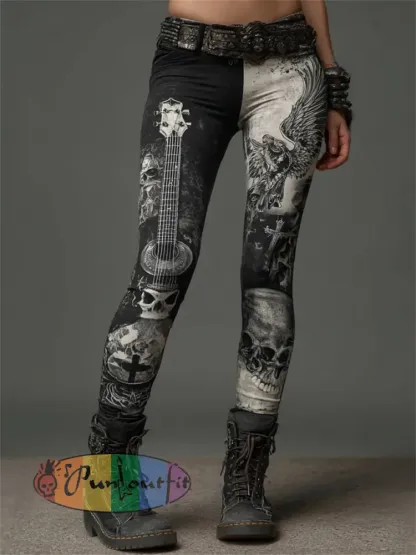 Women’s Rock Style Guitar Skull & Wings Contrast Color Leggings - Black · S