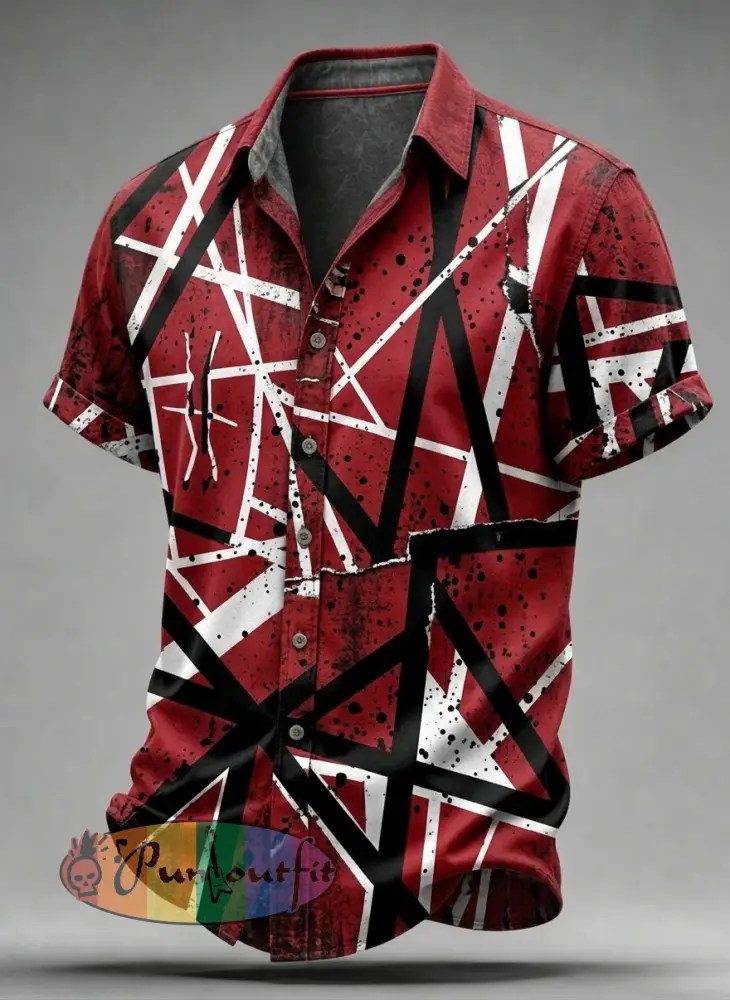 Men’s Vintage VH Guitar Line Illustration Abstract Print Casual Cotton Short Sleeve Shirt - Red · S