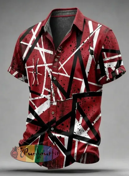 Men’s Vintage VH Guitar Line Illustration Abstract Print Casual Cotton Short Sleeve Shirt - Red · S
