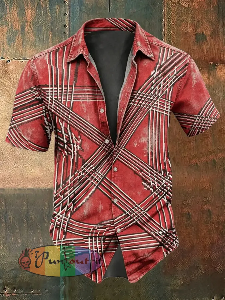 Men’s Vintage VH Guitar Line Illustration Abstract Print Casual Cotton Short Sleeve Shirt - Red · S