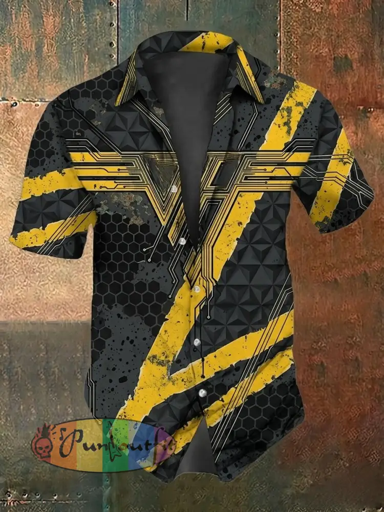 Men’s Vintage VH Guitar Line Illustration Abstract Print Casual Cotton Short Sleeve Shirt - Dark Gray · S