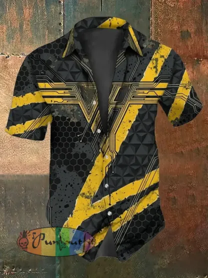 Men’s Vintage VH Guitar Line Illustration Abstract Print Casual Cotton Short Sleeve Shirt - Dark Gray · S