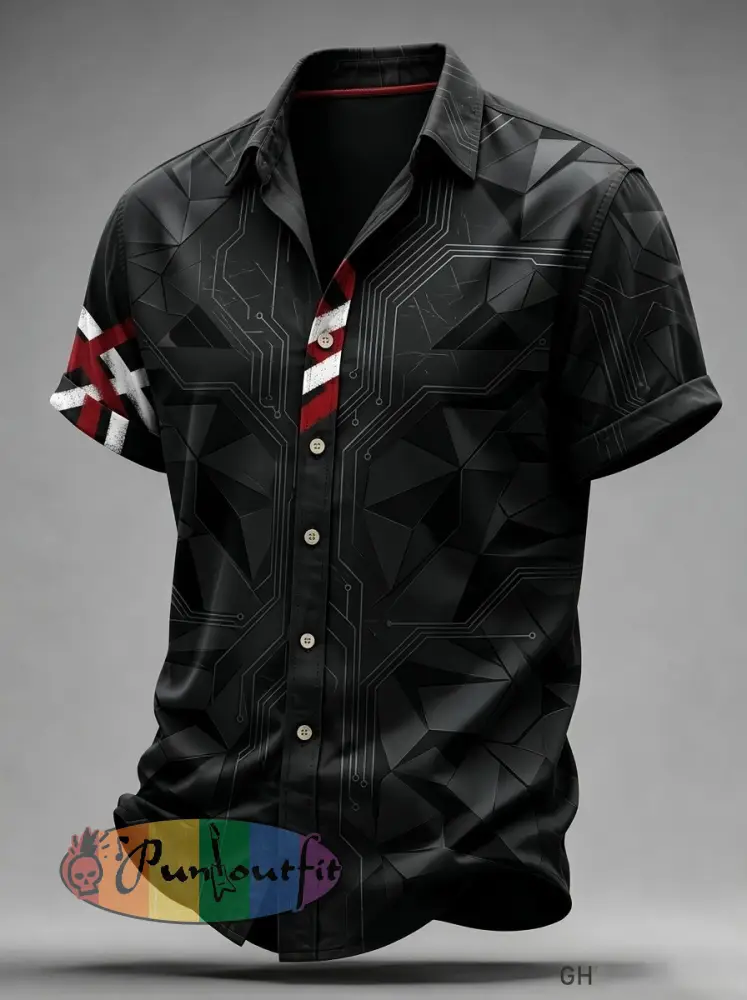 Men’s Vintage VH Guitar Line Illustration Abstract Print Casual Cotton Short Sleeve Shirt - Black · S