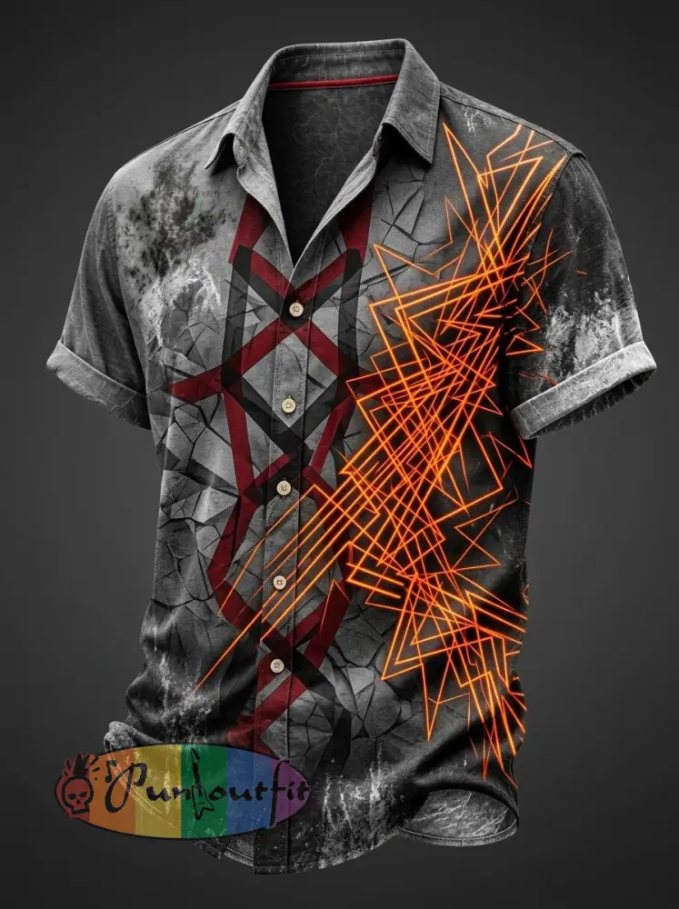 Men’s Vintage VH Guitar Line Illustration Abstract Print Casual Cotton Short Sleeve Shirt - Gray · S