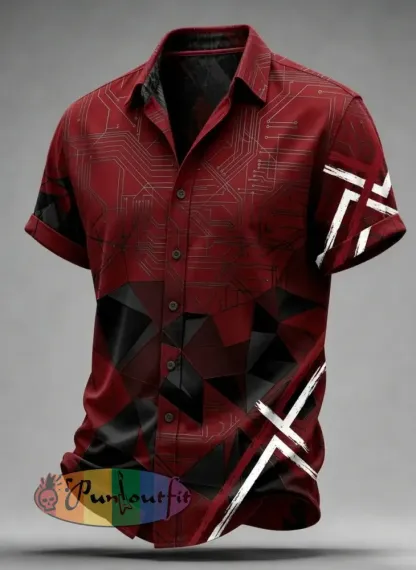 Men’s Vintage VH Guitar Line Illustration Abstract Print Casual Cotton Short Sleeve Shirt - Wine Red · S