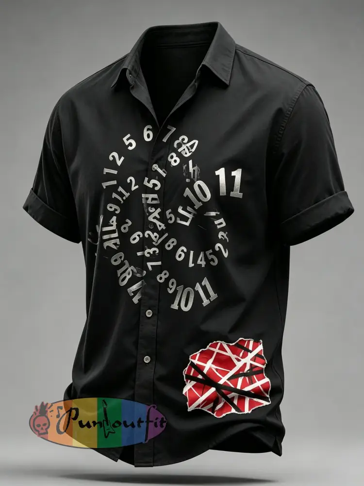 Men’s Vintage VH Guitar Line Illustration Abstract Print Casual Cotton Short Sleeve Shirt - Black · S