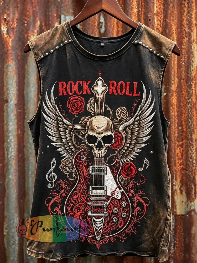 Men’s retro rock music skull element printed vest - Black · S