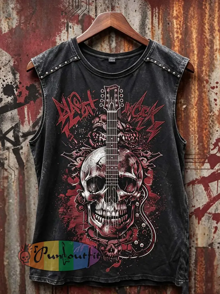 Men’s retro rock music skull element printed vest - Black · S