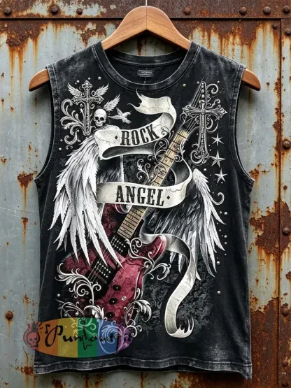 Men’s retro rock music skull element printed vest - Black · S