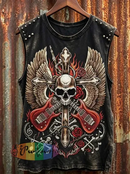 Men’s retro rock music skull element printed vest - Black · S
