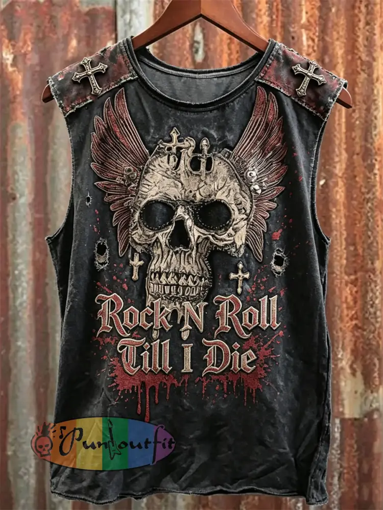 Men’s Rock N Roll Till I Die Skull with Wings Bloody Print Racket Vest - Black · S