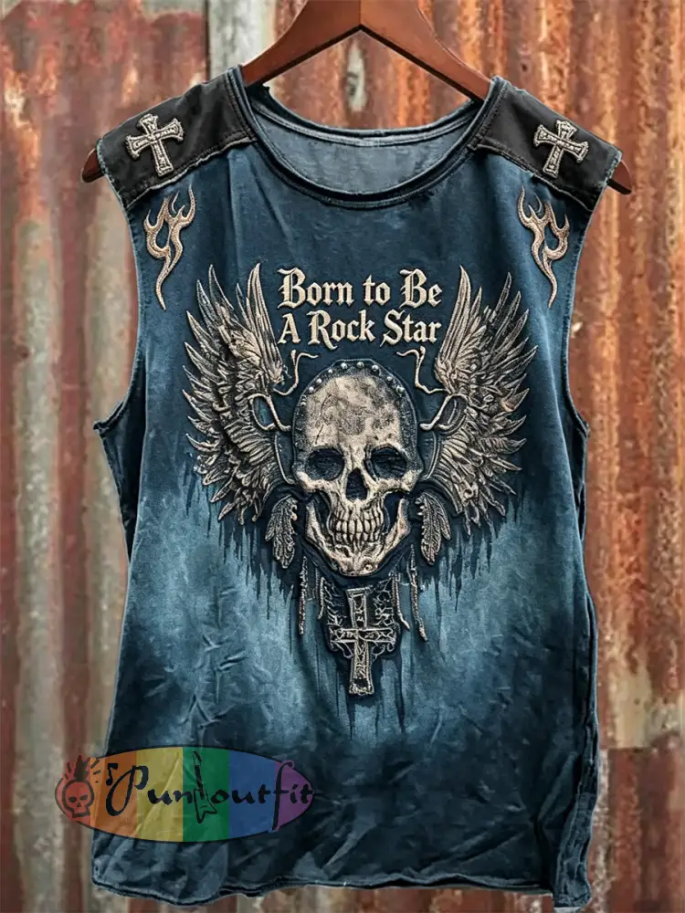 Men’s Born To Be A Rock Star Skull with Wings Print Racket Vest - Blue · S