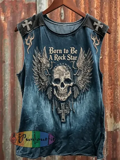 Men’s Born To Be A Rock Star Skull with Wings Print Racket Vest - Blue · S